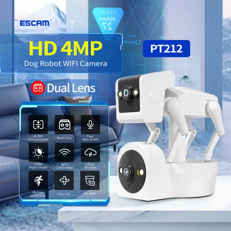 ESCAM PT212 4MP Yoosee APP Dual Lens Wireless  PTZ RobotDog  IP Dome Camera AI Humanoid Detection Full Color  CCTV Baby Monitor