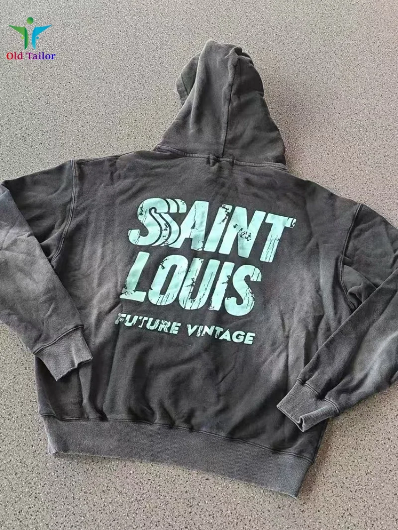 Winter SAINT LOUIS Men's Women's Ink Splash Washed Hole Letter Logo Print Vintage Hooded Pullover Sweatshirt