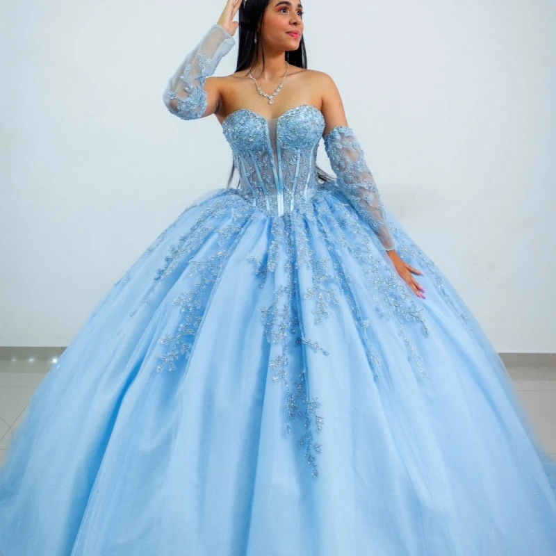 Sky Blue Shiny Quinceanera Dresses Ball Gown Off The Shoulder Applique Lace Beading Crystal Tull Corset Party Birthday Sweet 16