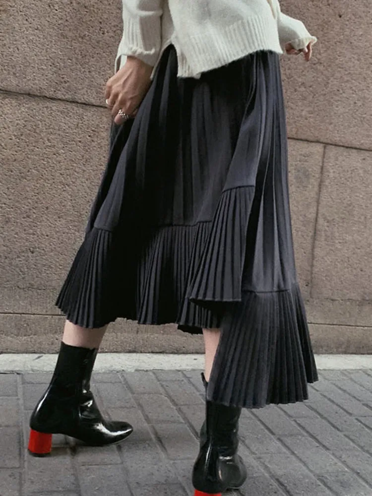 LANMREM Patchwork Fold Skirt For Women High Waist Solid Color Irregular Skirts Casual Female Clothing 2024 Summer New 2YA3242