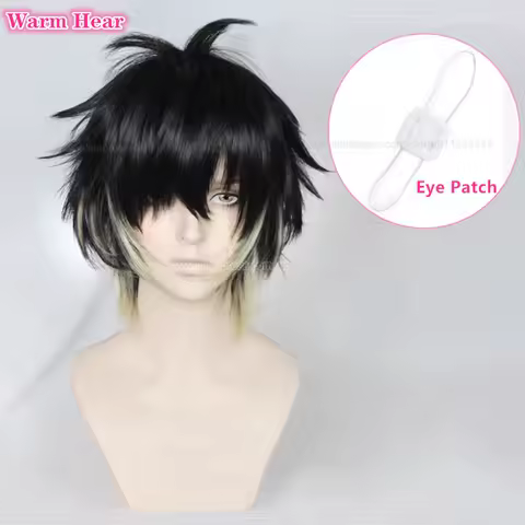 Anime Towa Synthetic Men Short Black Yellow Cosplay Anime Wig With Eye Patch Heat Resistant Hair Halloween Party Wigs + Wig Cap