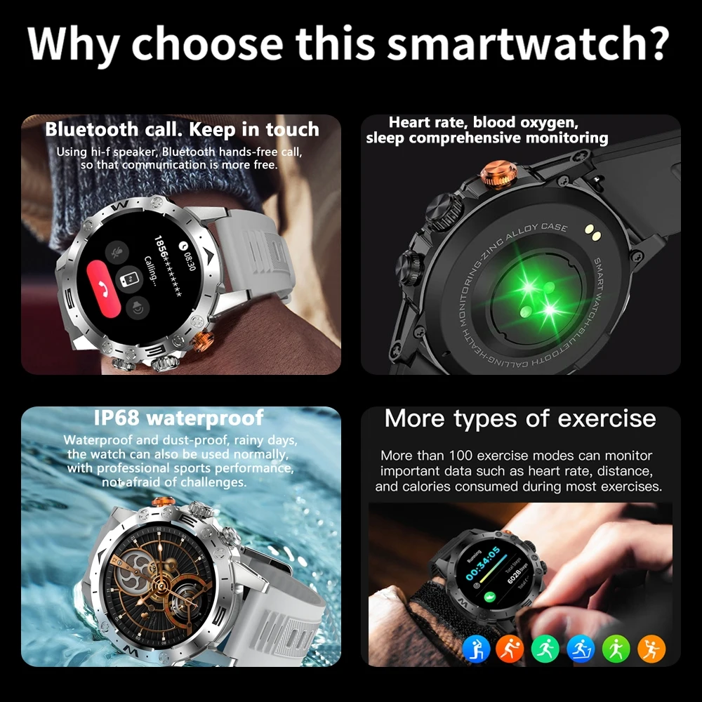 1.53 inch HD Smart Watch Men\'s Heart Rate Health Monitoring IP68 Waterproof Sports Fitness Watch 2024 Bluetooth Call Smartwatch