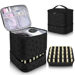 Organizador de uñas con 30 rejillas, bolsa de manicura de doble capa negra/rosa con asa, bolsa de maquillaje de nailon PU, bolsa organizadora de cosméticos, bolso de mano