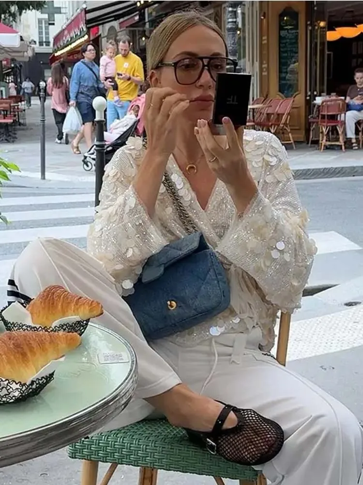 

Sequin Jacket Coat for Women 2025 New Summer Kimono Long Sleeve V Neck Cardigan tops Casual Loose Outerwear Chic Wrap Outfits
