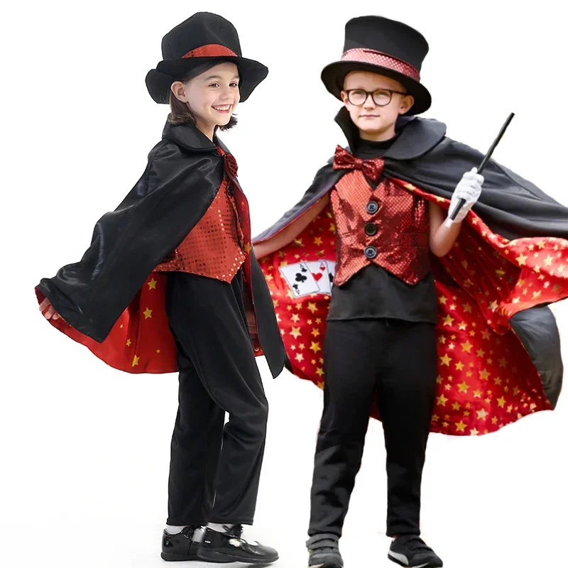 Kinder Magier Kostüm Top mit rotem Umhang Hut Magier Outfit Magier so tun, als spielen Dress Up Set für Jungen Mädchen Halloween Requisiten