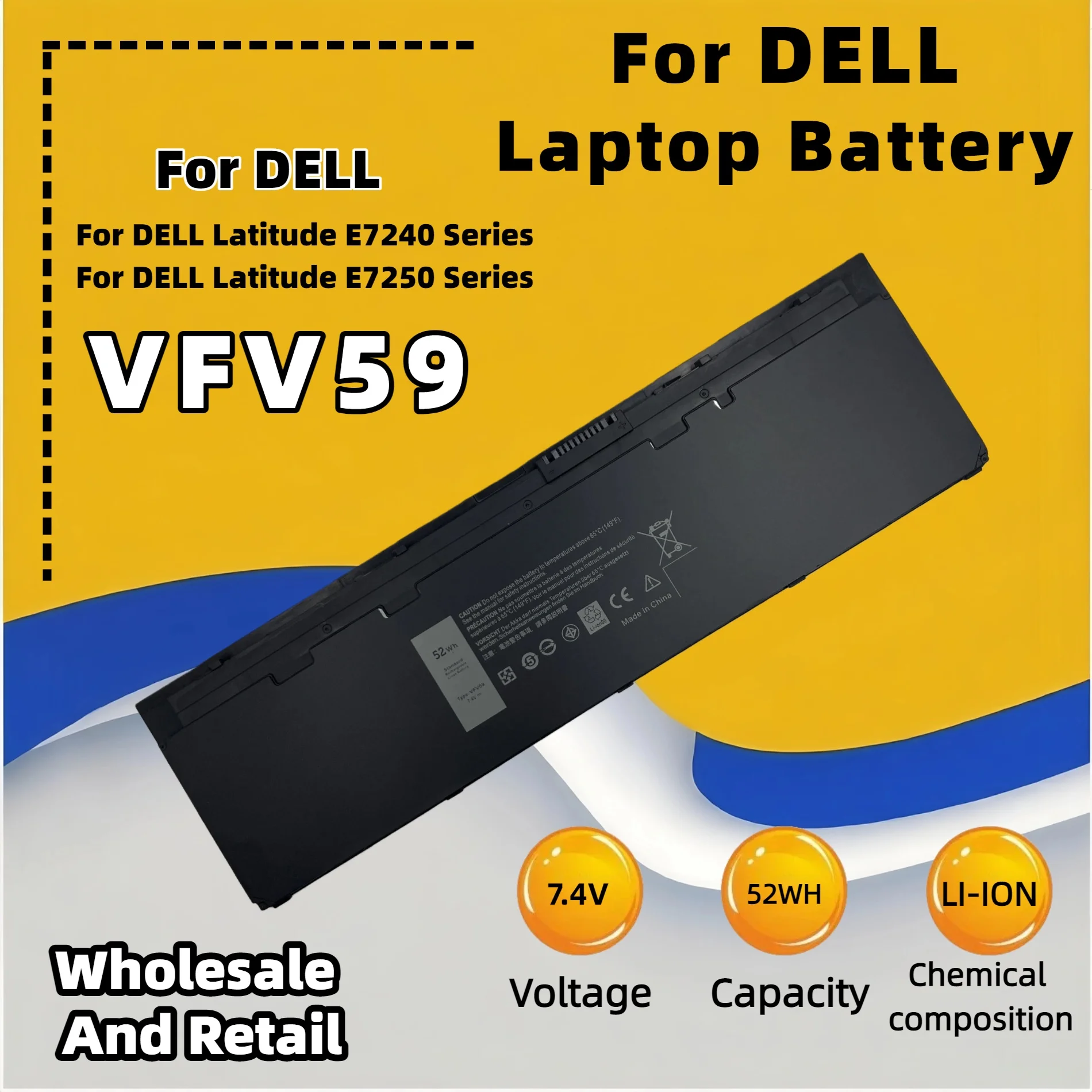 FRLESUI Battery VFV59 52WH For Dell Latitude E7270 Latitude E7250  Latitude E7240 Series 13 Months Warranty