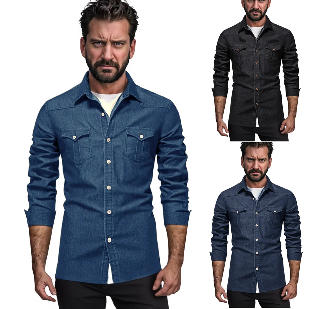 

Men’s Casual Denim Shirt Classic Blue Long Sleeve Button Down Shirt Cotton Blend Western Style Chest Pockets Perfect For Work