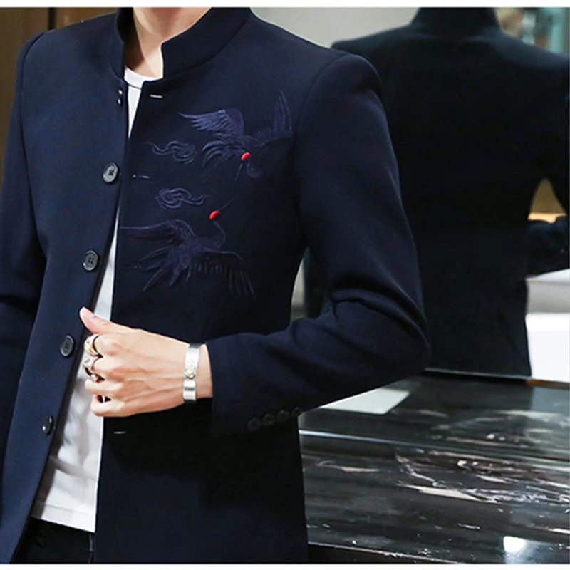 Chinese Style Red-Crowned Crane Embroidery Men Tunic Suit Jacket 2024 New Stand Collar Zhongshan Jacket Casual Blazer