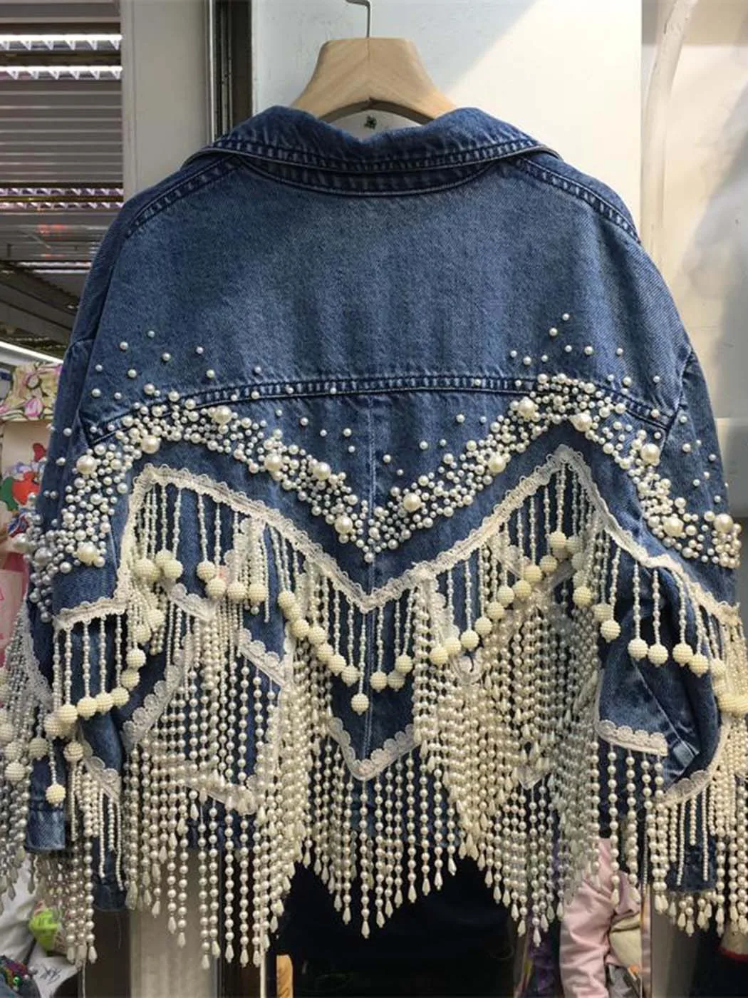 TEELYNN Vintage Beading Tassel Denim Jacket for Women Casual Lapel Long Sleeve Autumn Coats 2022 Loose Boho Pearl Jean Outwear