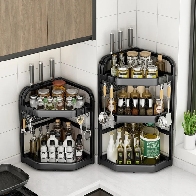 No-Drill Triangular Kitchen Corner Organizer, Countertop Spice Rack for Seasoning Bottles, Knives & Chopsticks