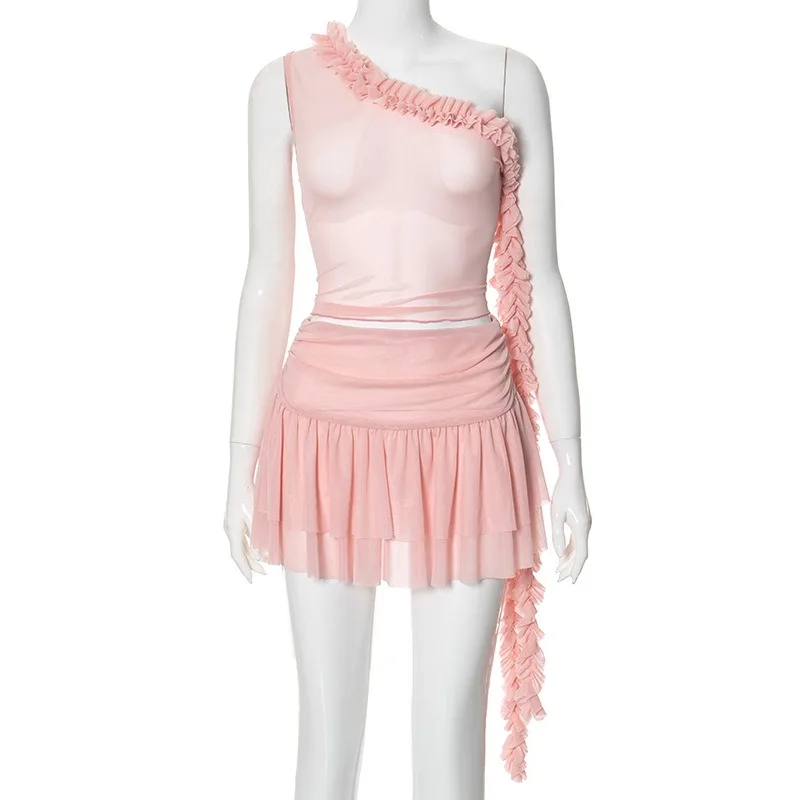 2024 Summer Elegant Mesh Solid 2 Piece Set Women Sexy One Shoulder Lace Tassel Crop Tops Ruched Layered Mini Skirt Streetwear