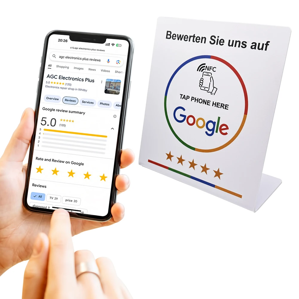 NFC215 Tap Stand الألمانية الفرنسية الإسبانية الإنجليزية 8 نسخة Google Review NFC Stand NFC عرض الطاولة للمطعم