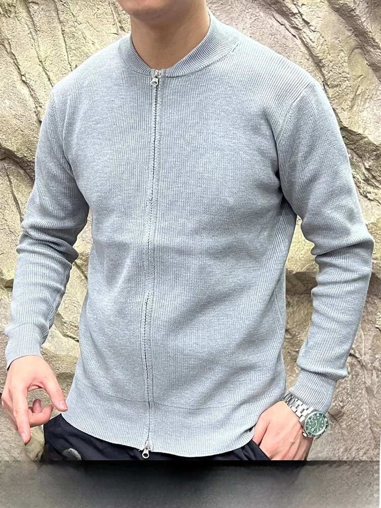 

Laid-ba Preppy Sle Men's Knitted Cardigan Coat Double Zipper Pure Color Soft Polyester Fiber Long Sve Baseball Collar