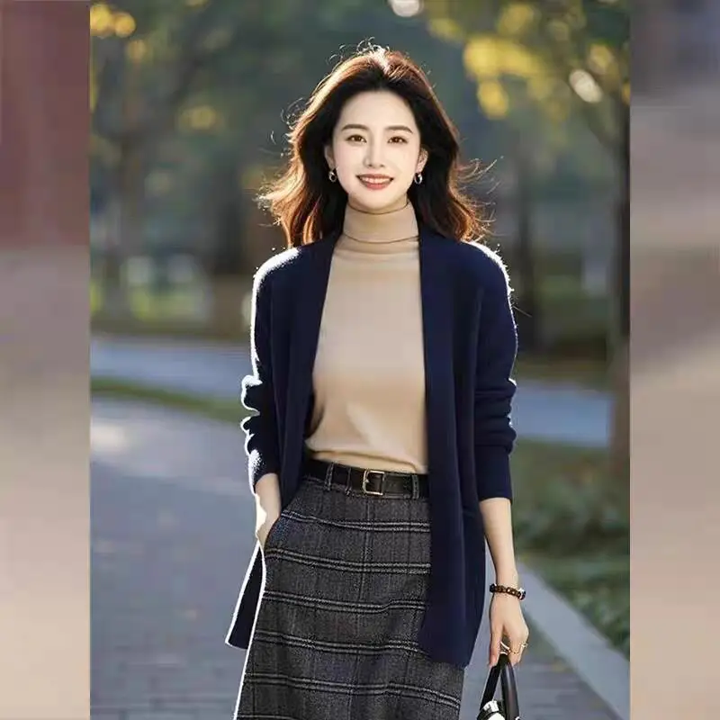 Women's Clothing Fashion All-match Solid Knit Cardigan Autumn Winter New Elegant Loose Long Sleeve Pocket Sweaters Lady Y2k Tops