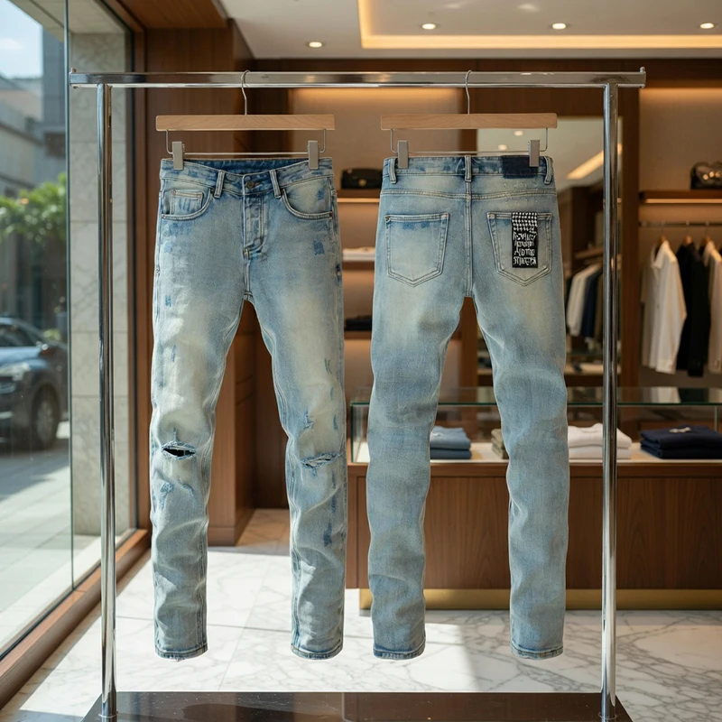 

2026 New Arrival Men's Light Blue Washed Ripped Skinny Jeans, Slim Fit Stretch Denim Pants, High Street Casual Trousers