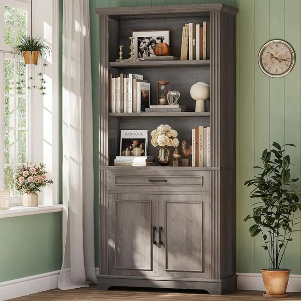 

Farmhouse Bookshelves and Bookcases with Doors and Drawer, Bookshelf with Storage, Floor Standing 6 Shelf Display Storage