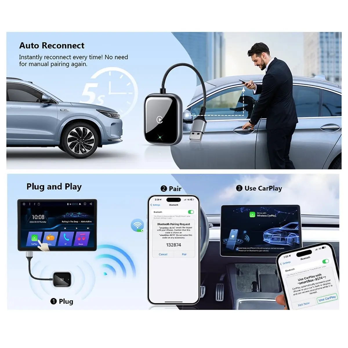 L73A NEW CarPlay Adapter Wired to Wireless Conversion Plug & Play Compact Design for CarPlay Systems