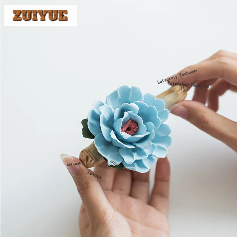 Handmade Blue Peony Incense Holder Water Fountain Decoration Incense Burners Consecrate Censer Cafes Accessories Ornaments Craft