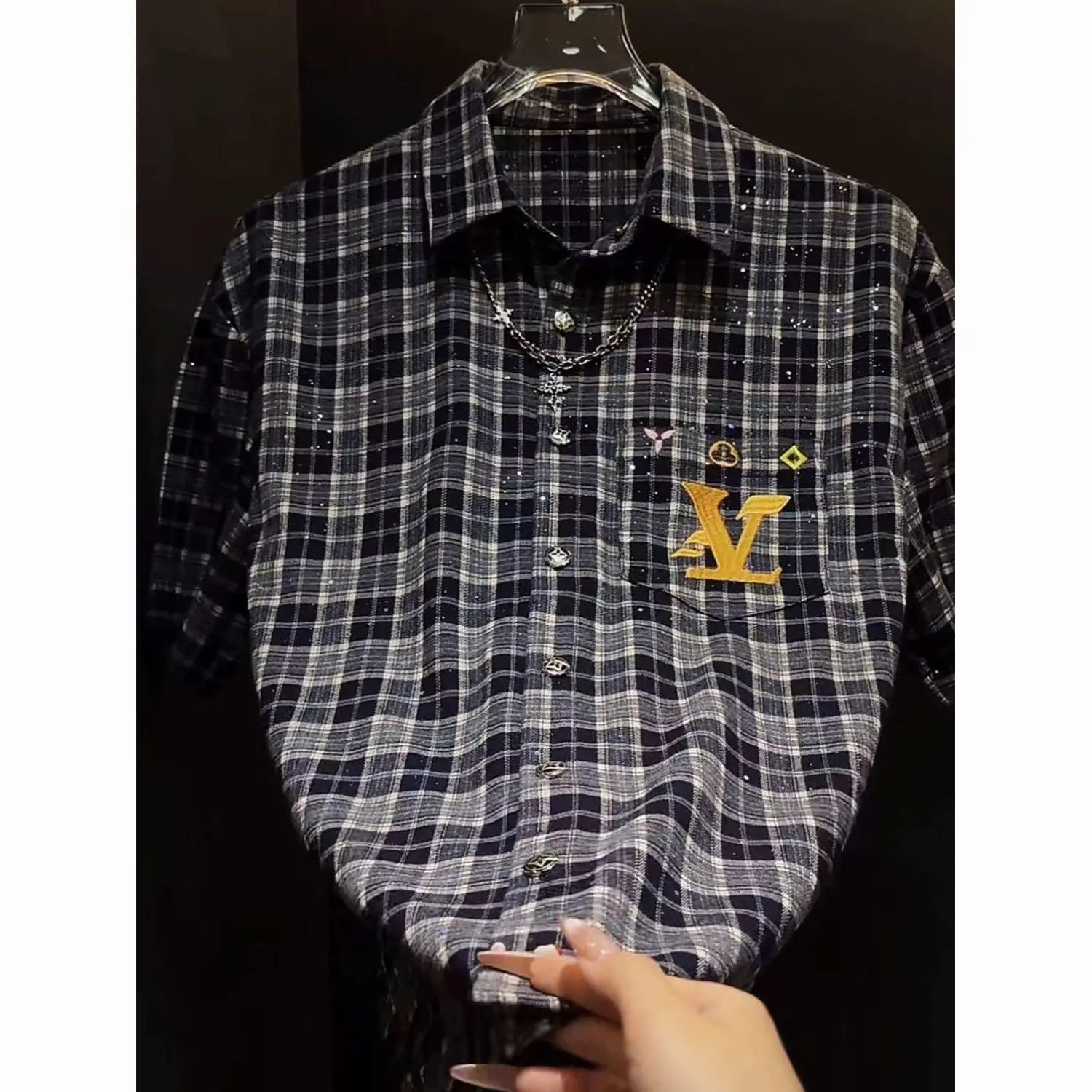 

Summer popular light luxury trend men's short-sleeved shirt casual handsome plaid half-sleeved shirt niche versatile handsome