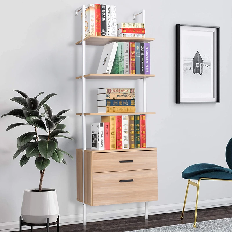 Industrial Bookshelf with Wood Drawers and Matte Steel Frame,Nutural/White