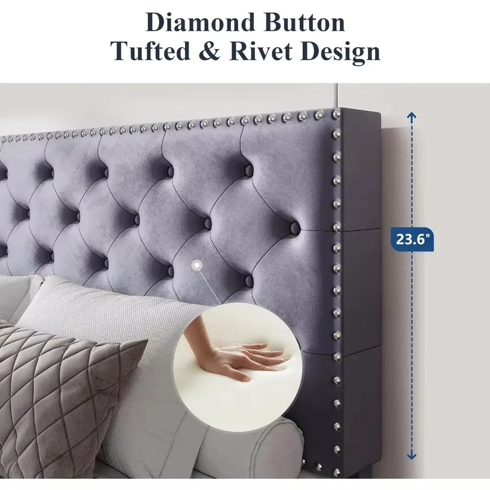 Bed, velvet padded platform bed with adjustable diamond button tufting and nail head decoration headboard, king size bed frame