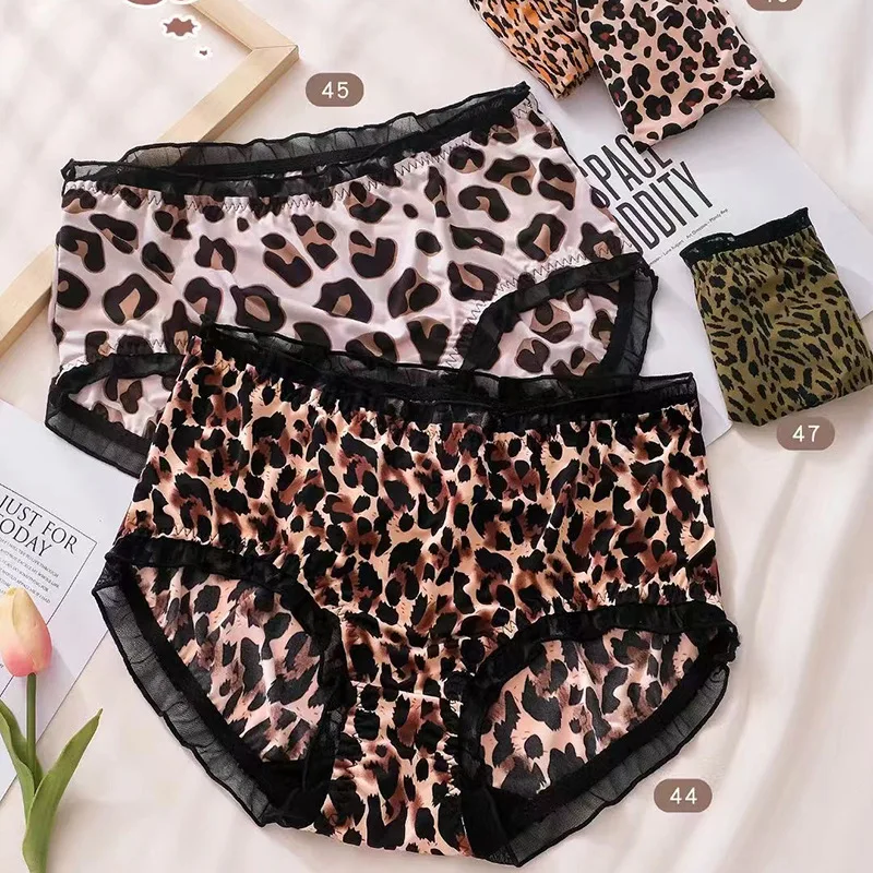 SP & CITY-Leopardo Impressão Leite Seda Roupa Interior Sexy para Mulheres, Virilha de Algodão Elástico Alto, Cuecas Grandes Ruffle, Cuecas Finas Sem Costura