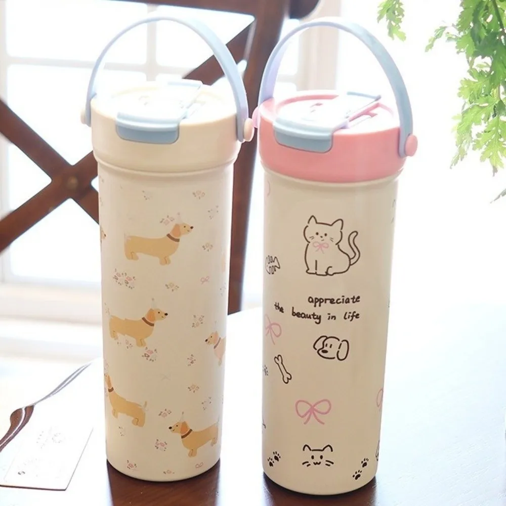 

Portable 600ml Insulated Cup Double Wall Leak-proof Stainless Steel Cup Cartoon with Straw Travel Tumbler Hot Drink