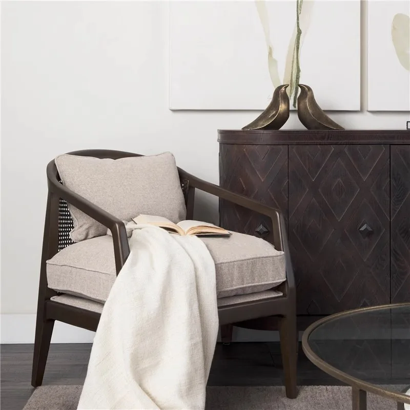 Nordic single sofa chair solid wood casual rattan armchair new Chinese walnut color retro zen negotiation chair