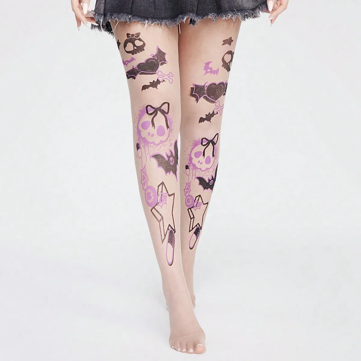 1 Skeleton Bat Printed Silk Socks, Women's Halloween Anti Hook Silk Socks Pantyhose