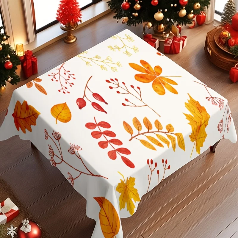 Watercolor Autumn Leaf Tablecloth, White Base With Fall Foliage Graphic Print,Rectangular Table Cover for Dining & Kitchen Decor