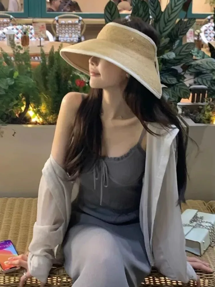 夏の女性用麦わら帽子-大きなつば-折りたたみ式-uvカット-エンプトゥップ-カジュアルスタイル-トラベルキャップ-蝶結び-幾何学模様