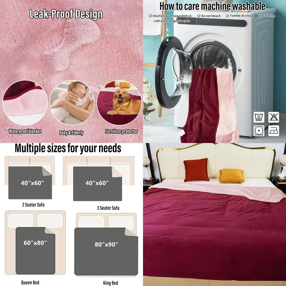 

Двустороннее водонепроницаемое одеяло King Size, 80x90, герметичное, моющееся, водостойкое, бордовое/розово-розовое