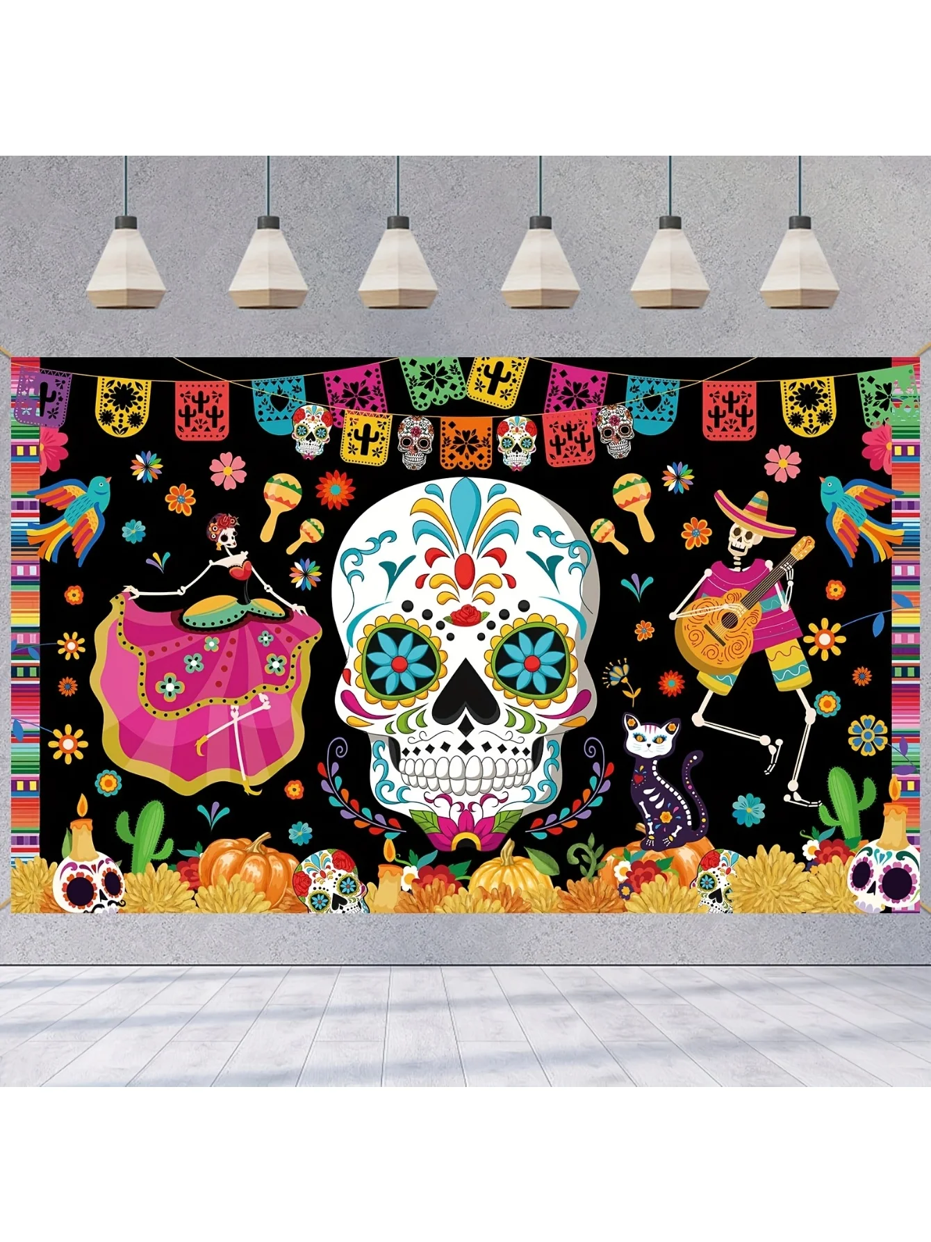 1 x großer Tag der Toten-Hintergrund, Banner-Dekoration, Halloween-Banner, mexikanisches Totenkopf-Banner, Horror-Party-Dekoration, Hintergrund