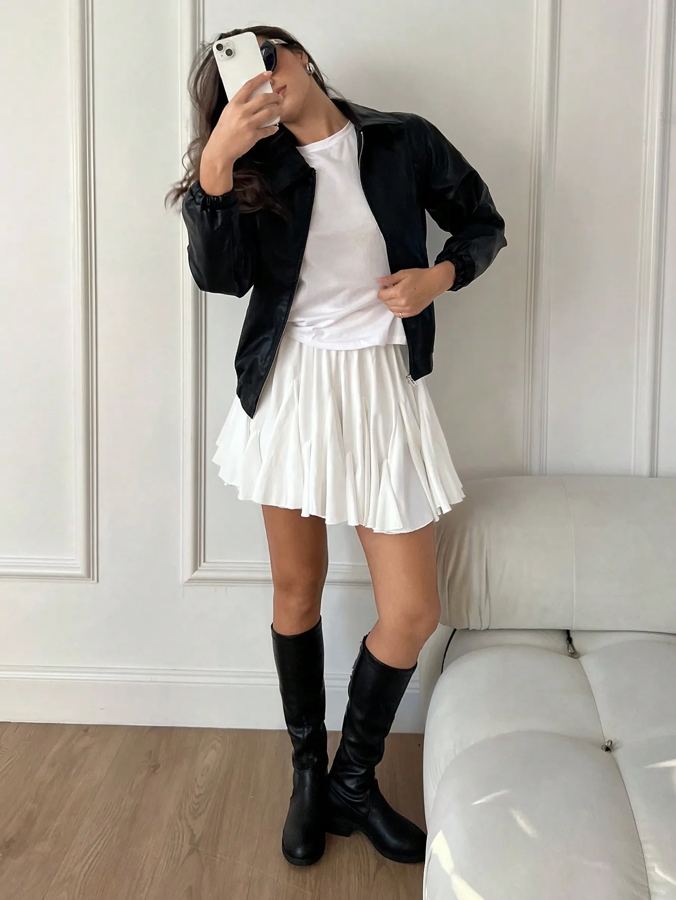White High-Waisted Pleated Mini Skirt with Ruffled Hem, Casual A-Line Skirt for Spring Fall