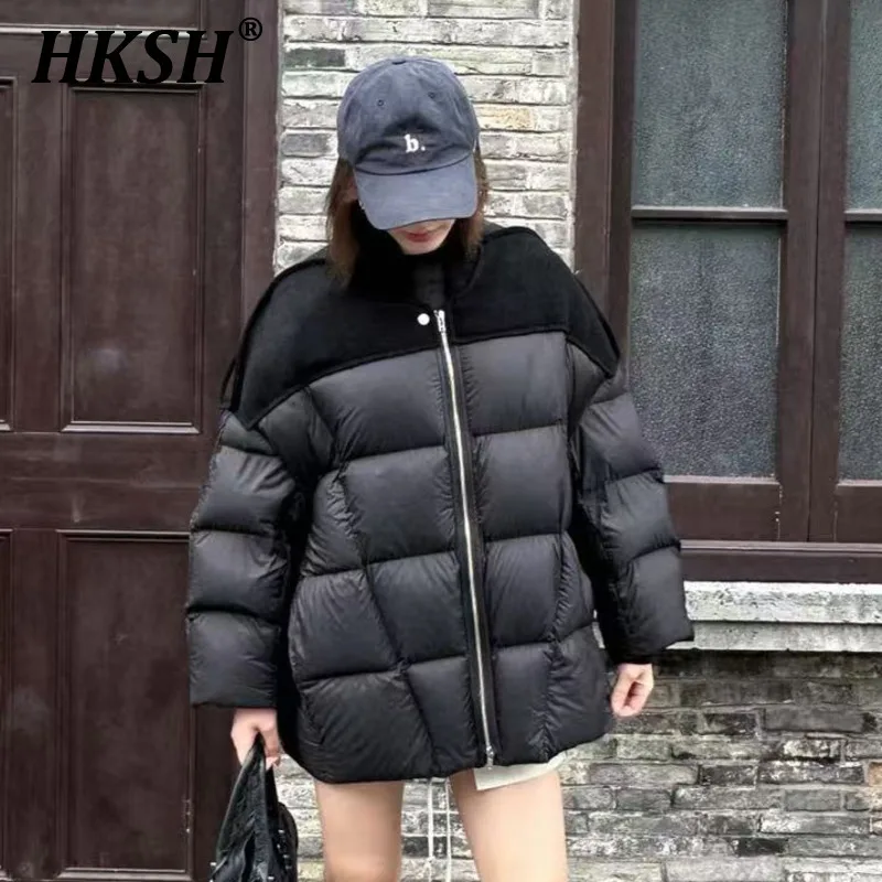 HKSH Autumn Winter New Women Dark RO Style Ribbed Jacket Deer Skin Spliced Integrated Zipper Silhouette Goose Down Coats HK3560