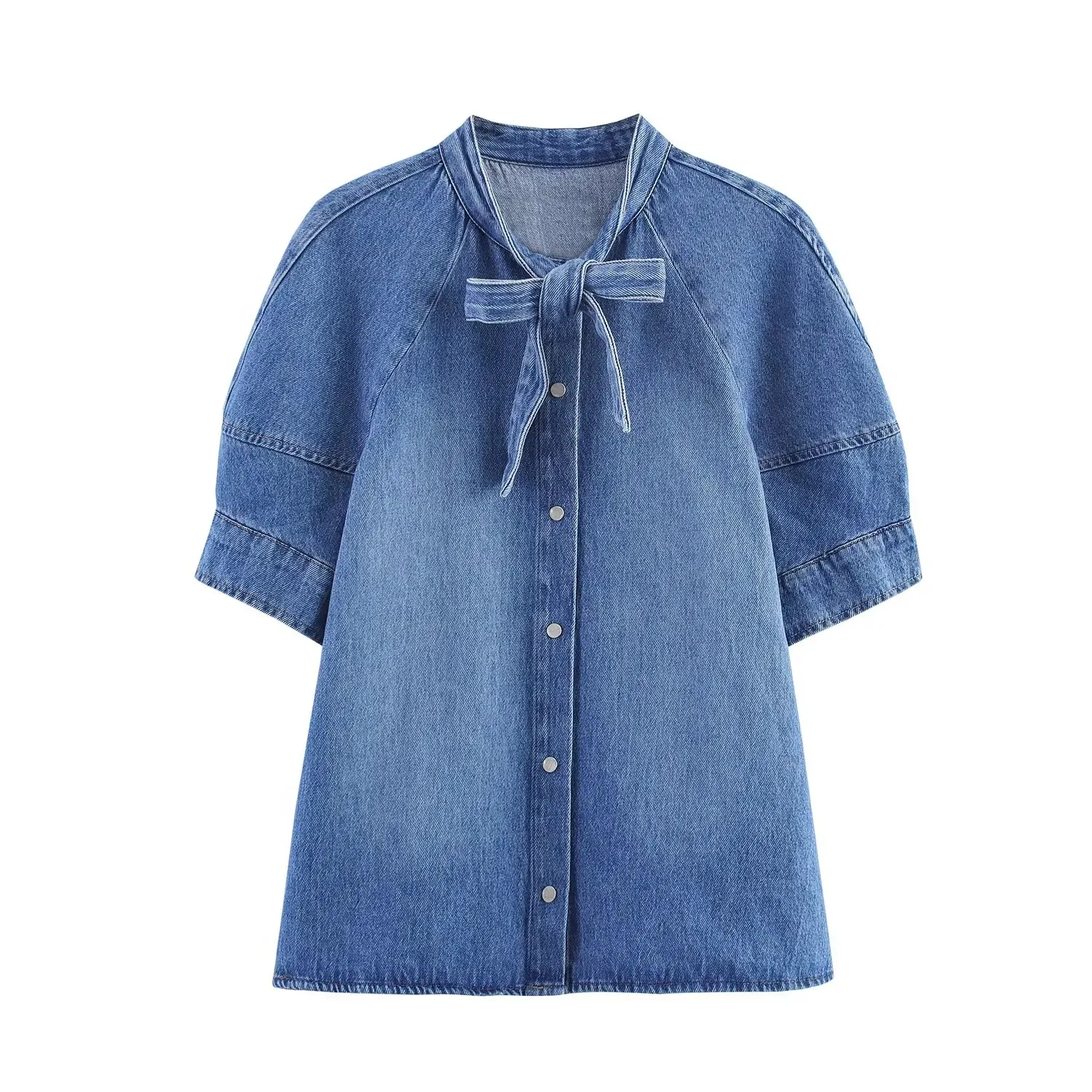 Gonna di jeans decorata con fiocco da donna e camicia con scollo a V con maniche a palloncino Set completo a due pezzi in puro colore a vita alta
