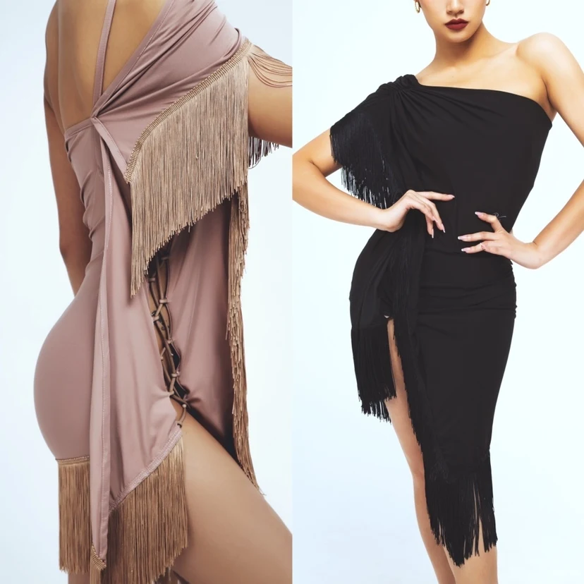 

New Latin Dance Performance Dresses Slanted Shoulder Tassel Dress Women's Backless Rumba Samba Dance Practice Costume XH399