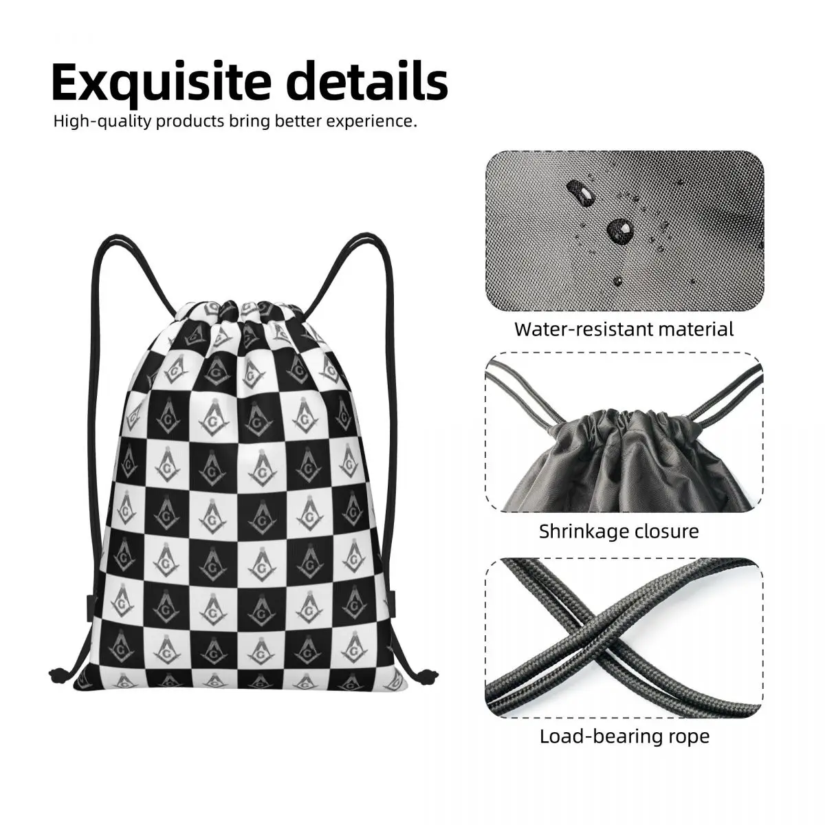 Freemason Checkered Drawstring Mochila, Esporte Gym Sackpack, Portátil maçônico Mason Training Bag, Padrão preto e branco