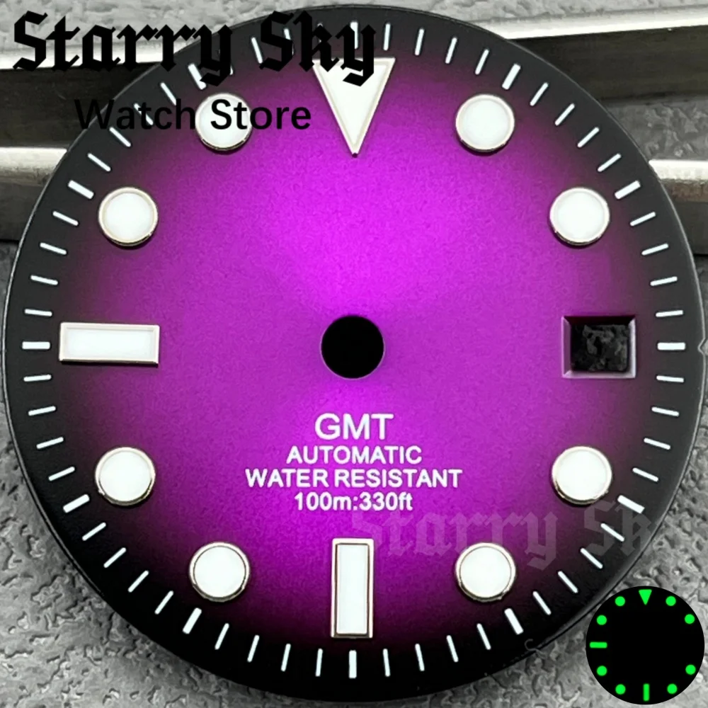 Starry Sky 29mm 3 o'clock Date GMT Marks Purple Watch Dial With Green Luminous Suitable For NH34/DG3804 Movement Watch Accessory