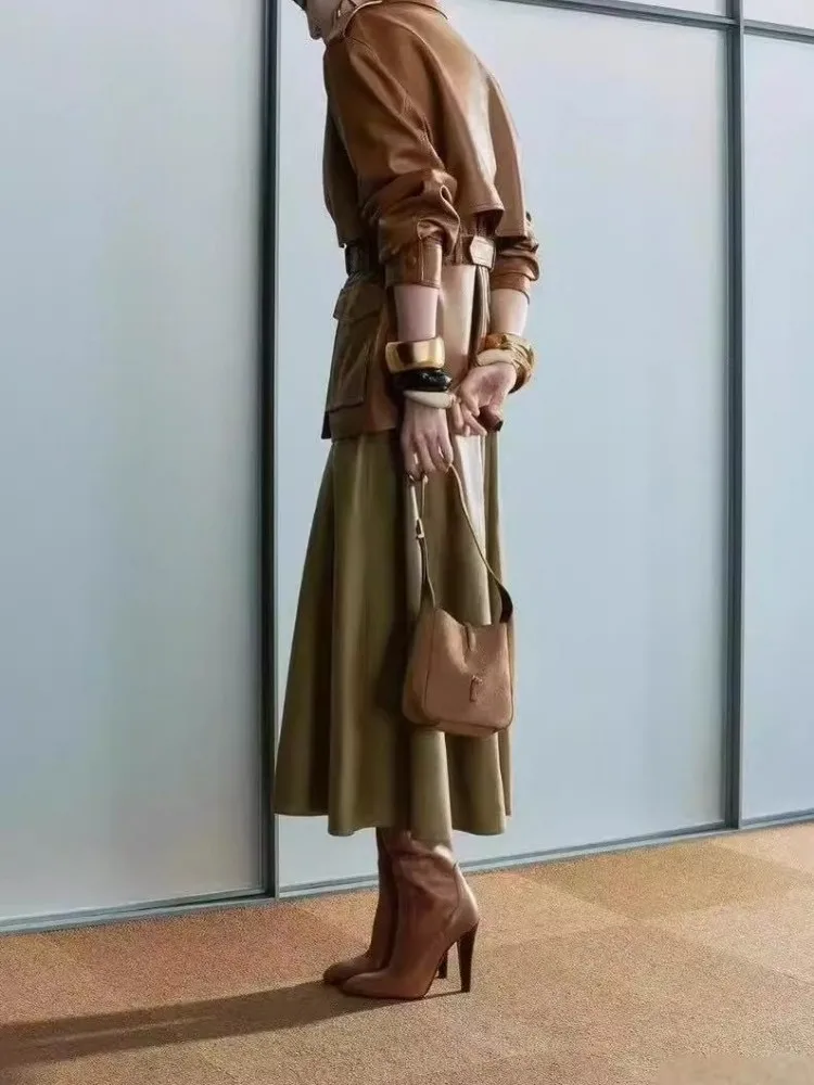 Fashion Echtes Leder Frauen Jacke Einreiher Epaulet Gürtel Retro Motorrad Oberbekleidung Echt Schaffell Mid Lange Party Mantel