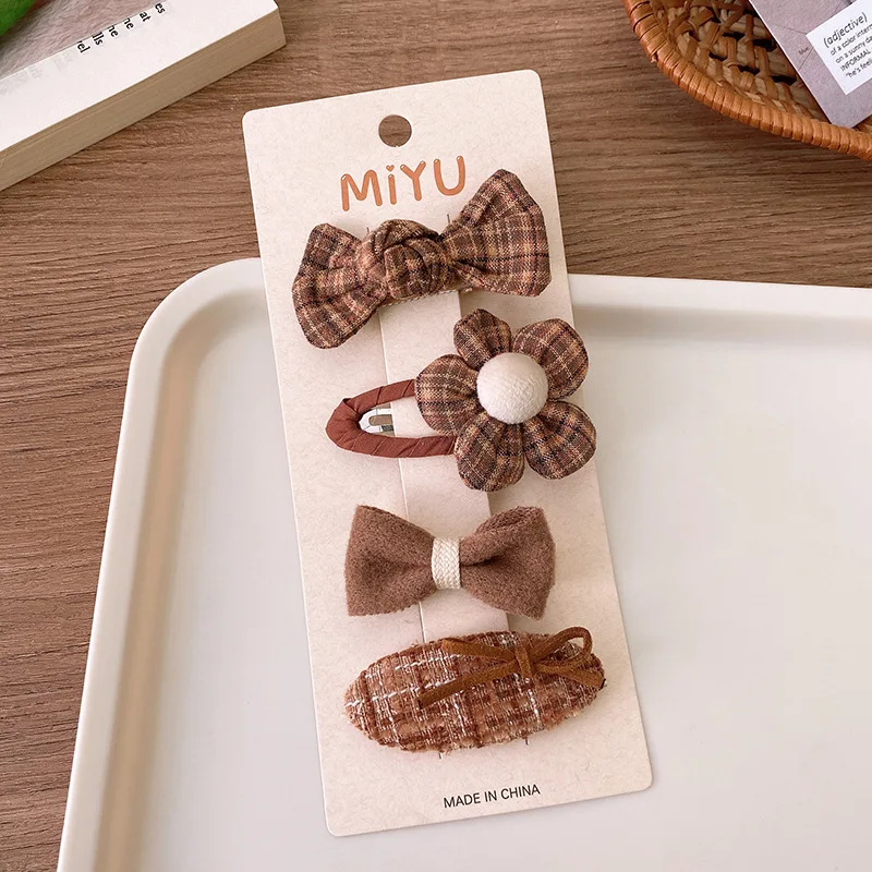 4 Teile/los Kaffee Farbe Stoff Plüsch Bogen Haar Clips Für Mädchen Blume Haarnadeln Kinder Süße BB Clip Gestreiften Haarspangen Haar dekoration – Detail 6