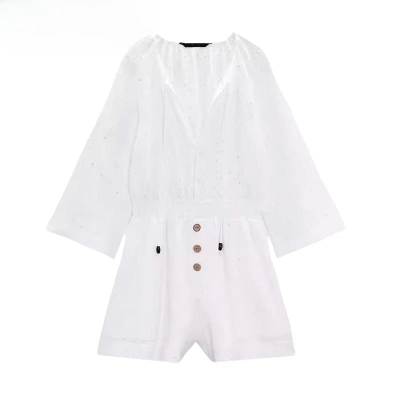 

Summer New Women's V-ne ort Rer Embroidered Hollow out Knot Belted White Lace Trim Straight Leg High Waist