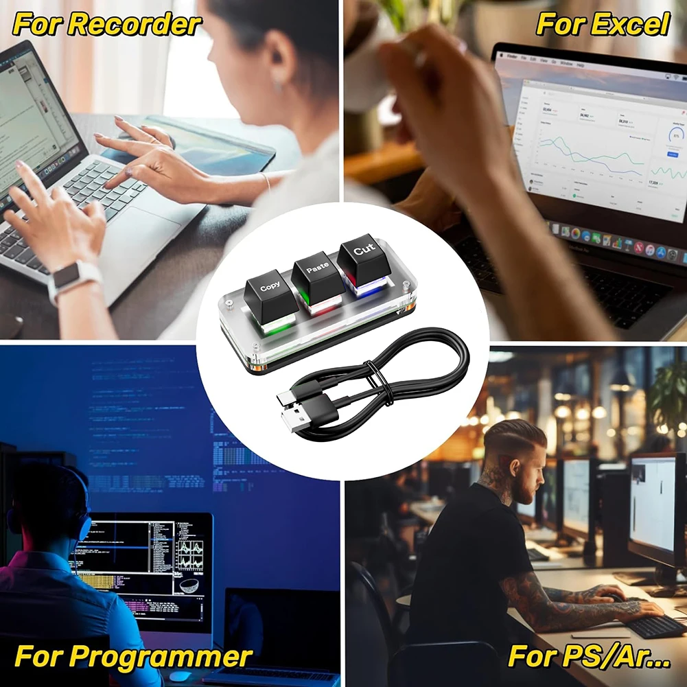 RGB Ctrl X C V Shortcut Teclado com uma mão Teclado macro de 3 teclas USB Type-C Teclado para jogos para trabalho contabilidade ou jogos de ritmo