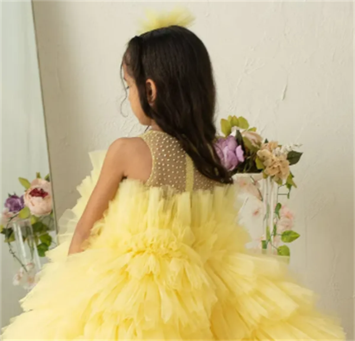 Flower Girl Dress Yellow Fluffy Trailing Butterfly Applique Lace Wedding Cute Little Flower Children Communion Ball Party Dress