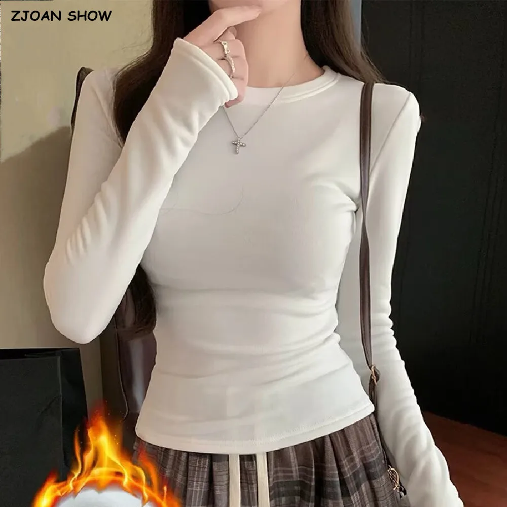 New Winter Warm Fleece lined Round Collar Tee Women Skinny Stretch Long Sleeve Base T-shirts Yoga Crop Blouses Femme Tops White