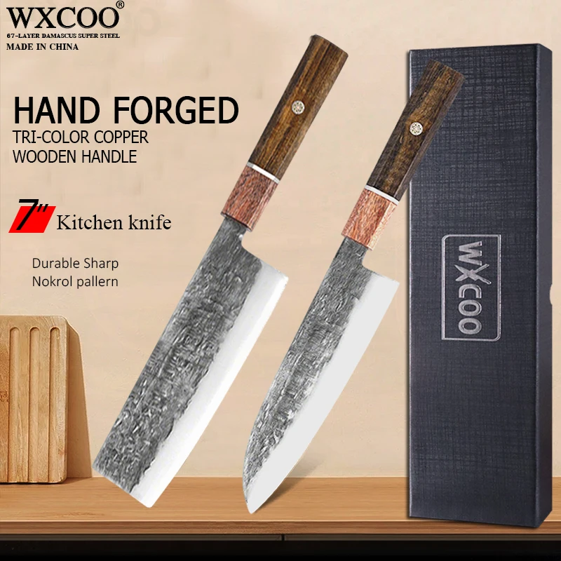 WXCOO Gehämmerte professionelle Küchenmesser Japanisches Kiritsuke Kochmesser Scharfe Klinge Kochen Obst Gemüse Messer mit Box