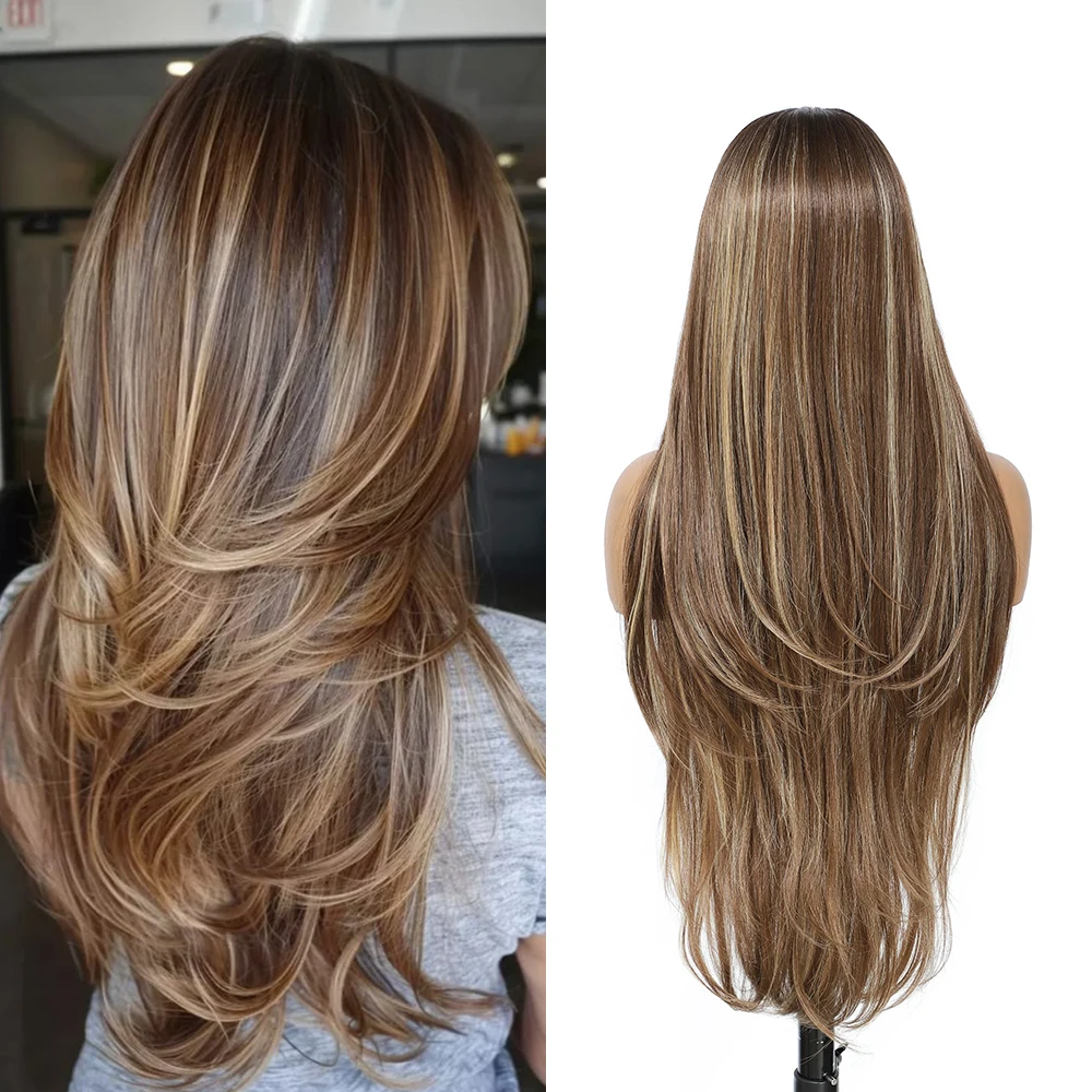 Perucas longas em camadas 13x4 perucas frontais de renda perucas de cabelo sintético com cabelo de bebê para mulheres 30 polegadas preto loiro 180 densidade