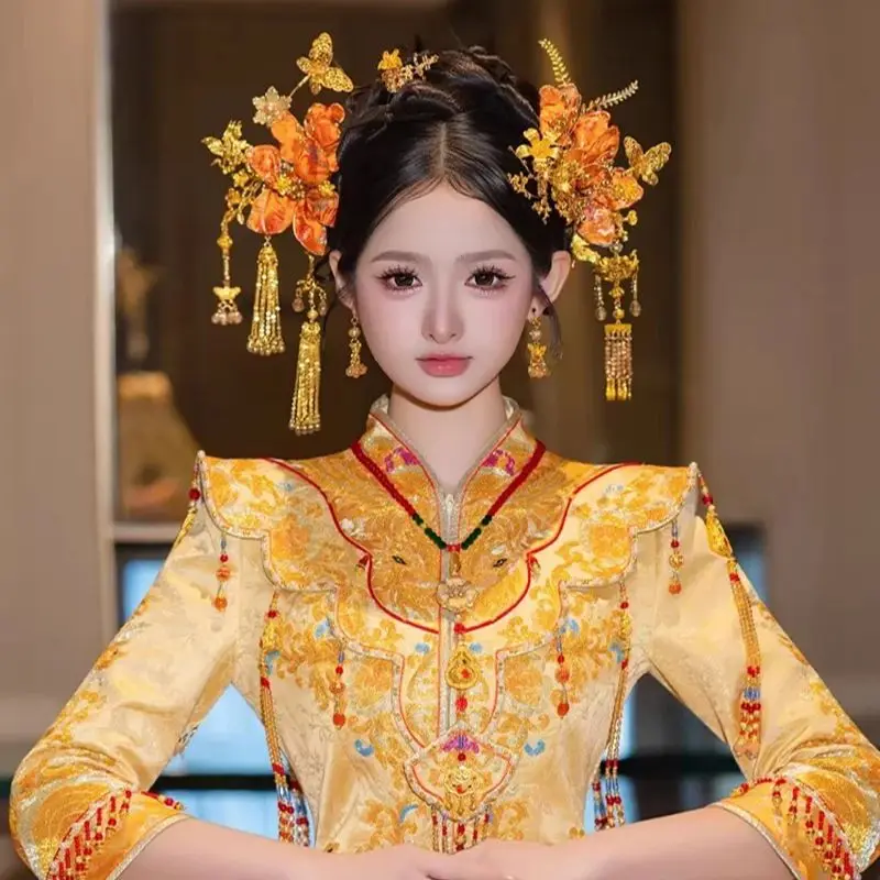 

Bridal Headpiece with Ancient Style Gold Tassel, Prosperous Feeling, Hand-embroidered Craft, Flower, Dragon and Phoenix Gua, Wed