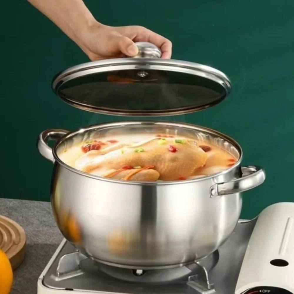 

Thickened Stainless Steel Soup Pot 24cm Apple Shape Saucepan with Glass Lid Uncoated Outdoor Cooking Pot Induction Cooker Gas