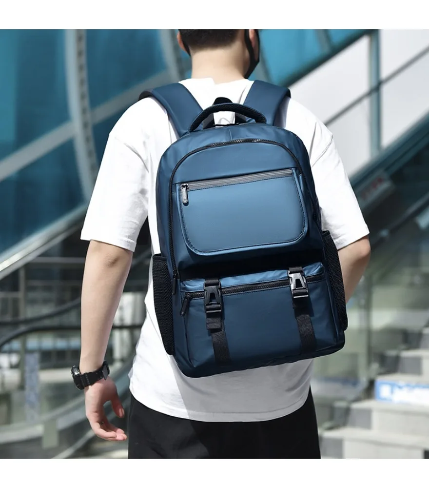 Black double buckle multi pocket backpack anti splash mesh side pockets for daily commute outdoor casual use